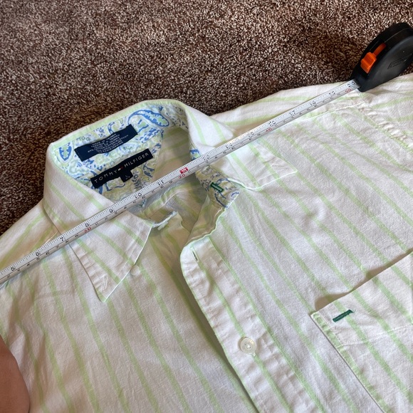 Y2K vintage Tommy Hilfiger Men's cotton/linen/ramie white + lime green Striped L - Picture 8 of 10
